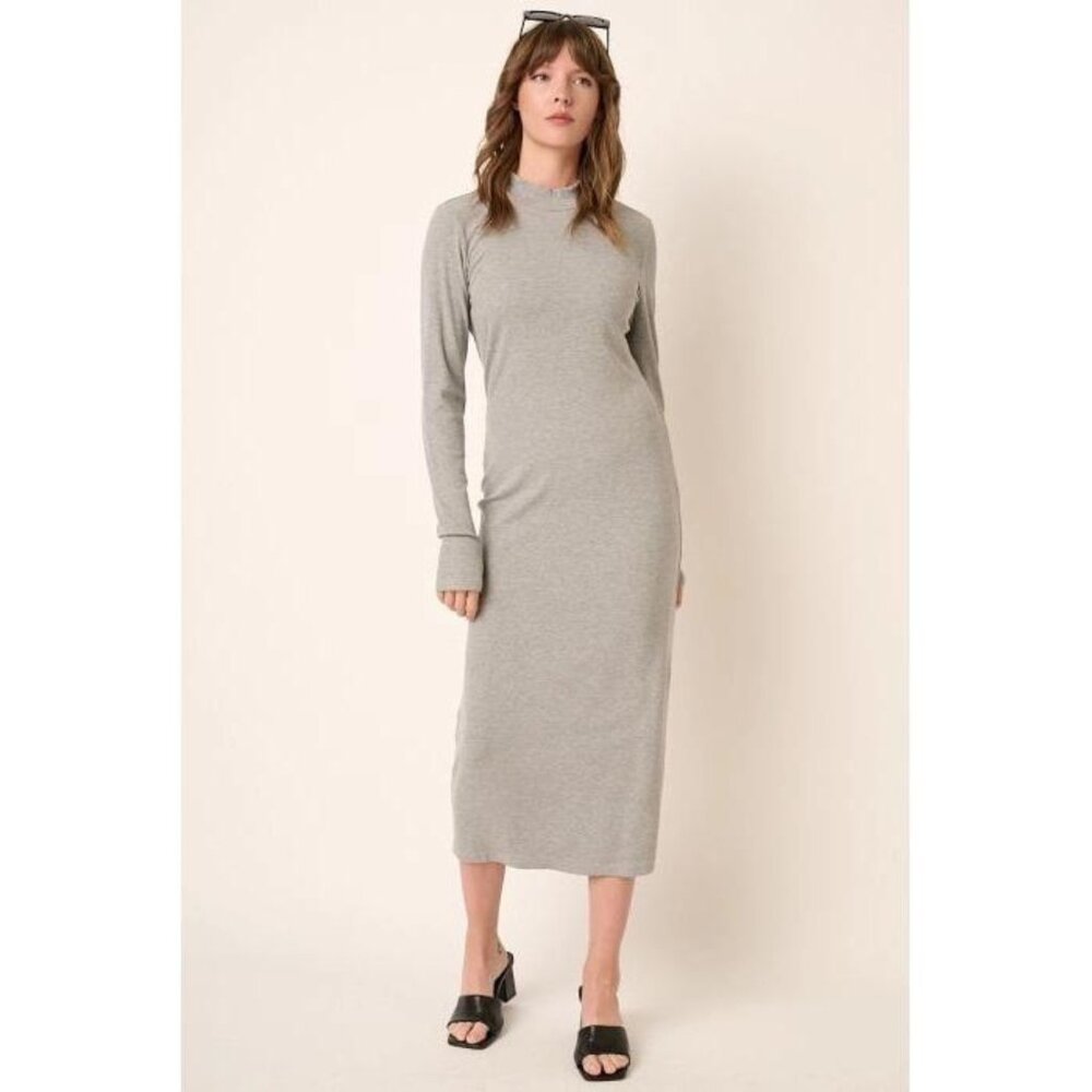 Women’s Grey Jersey Knit Midi Dress – Slim Fit, Mock Neck